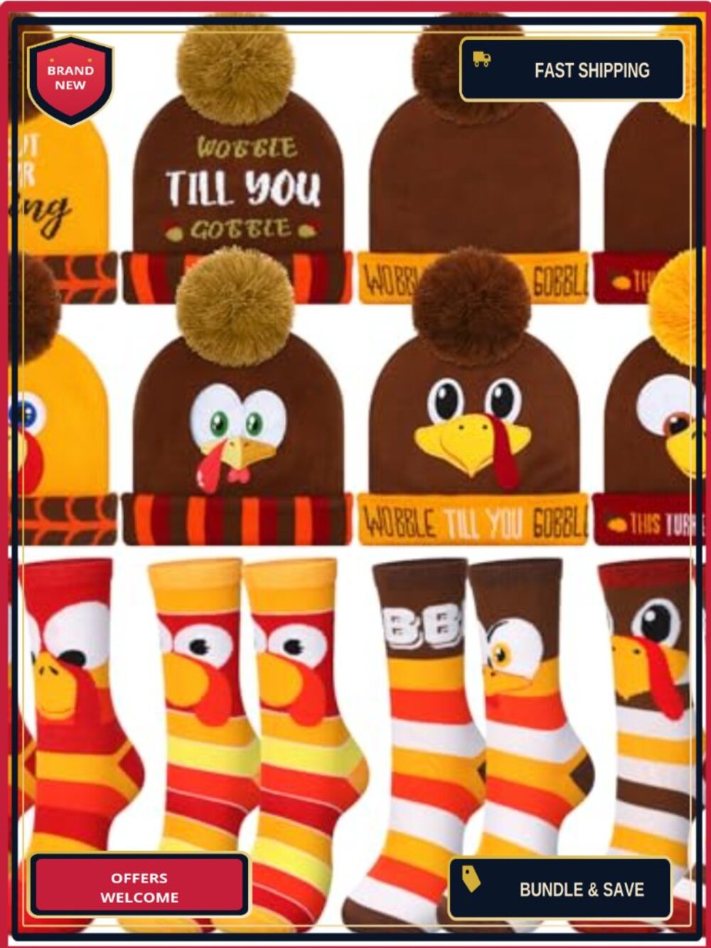 Thanksgiving Turkey Trot Costume Beanie Hats & Socks Set Knitted Pom Pom Caps